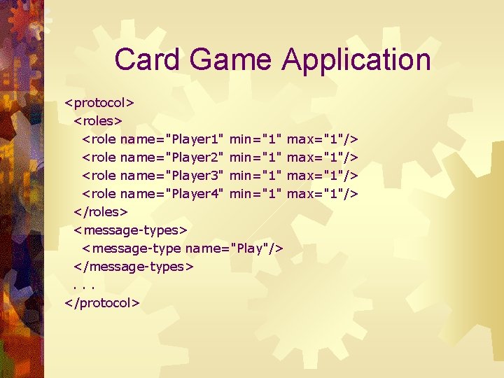 Card Game Application <protocol> <roles> <role name="Player 1" min="1" max="1"/> <role name="Player 2" min="1"