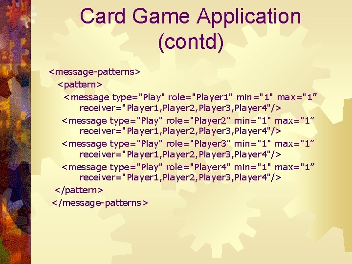 Card Game Application (contd) <message-patterns> <pattern> <message type="Play" role="Player 1" min="1" max="1” receiver="Player 1,