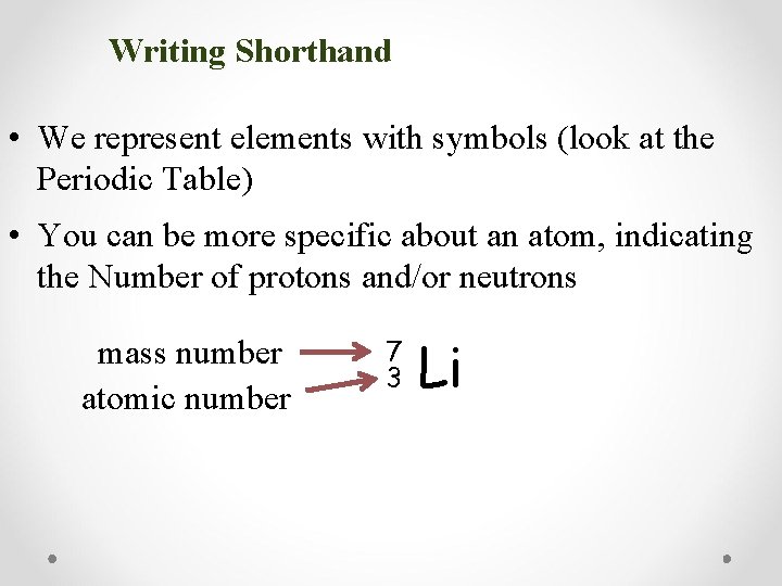 Writing Shorthand • We represent elements with symbols (look at the Periodic Table) • Writing Shorthand • We represent elements with symbols (look at the Periodic Table) •