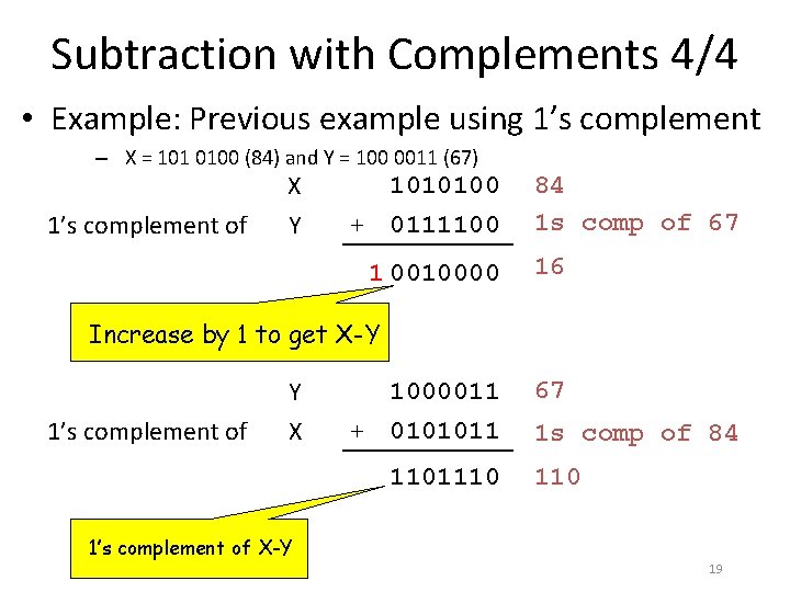 Subtraction with Complements 4/4 • Example: Previous example using 1’s complement – X =