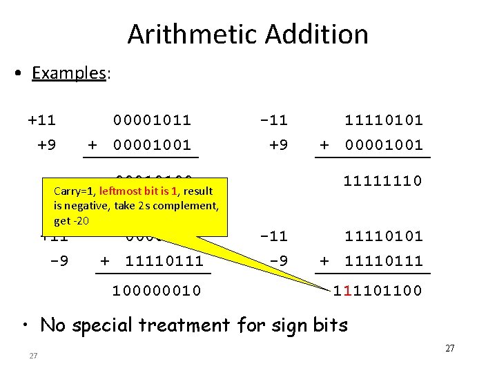 Arithmetic Addition • Examples: +11 +9 00001011 + 00001001 -11 +9 00010100 Carry=1, leftmost