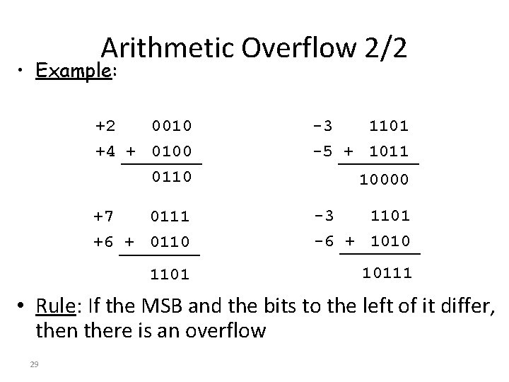 Arithmetic Overflow 2/2 • Example: +2 0010 +4 + 0100 0110 -3 1101 -5