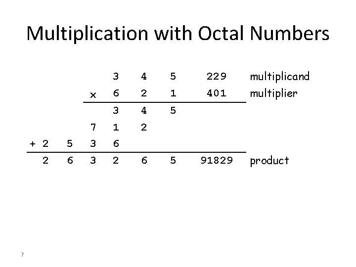 Multiplication with Octal Numbers 3 4 5 229 multiplicand 6 2 1 401 multiplier