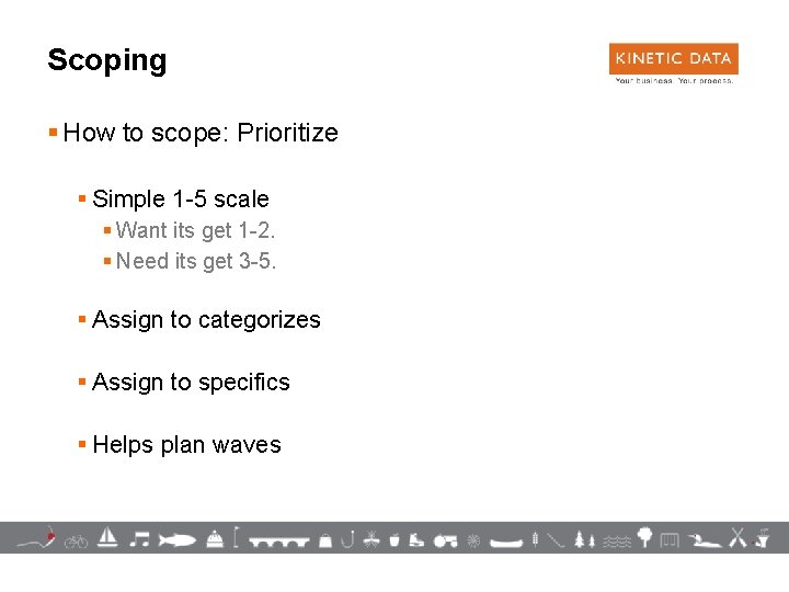 Scoping § How to scope: Prioritize § Simple 1 -5 scale § Want its