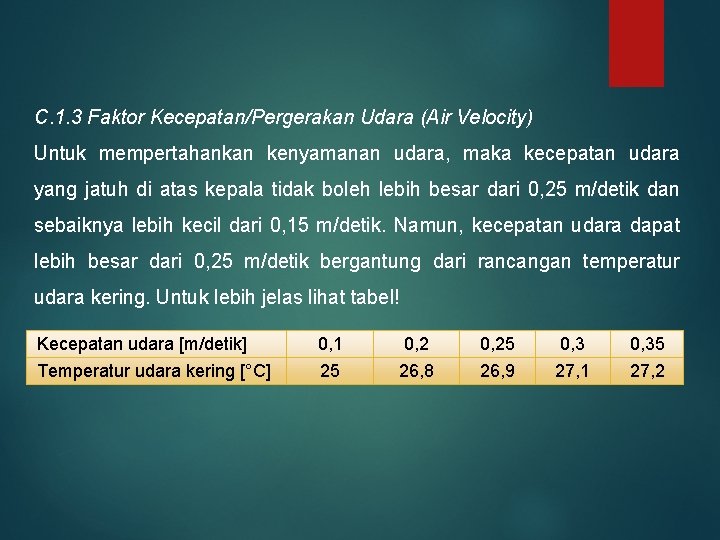 C. 1. 3 Faktor Kecepatan/Pergerakan Udara (Air Velocity) Untuk mempertahankan kenyamanan udara, maka kecepatan