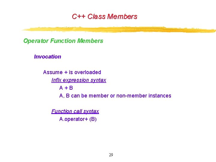 C++ Class Members Operator Function Members Invocation Assume + is overloaded Infix expression syntax C++ Class Members Operator Function Members Invocation Assume + is overloaded Infix expression syntax