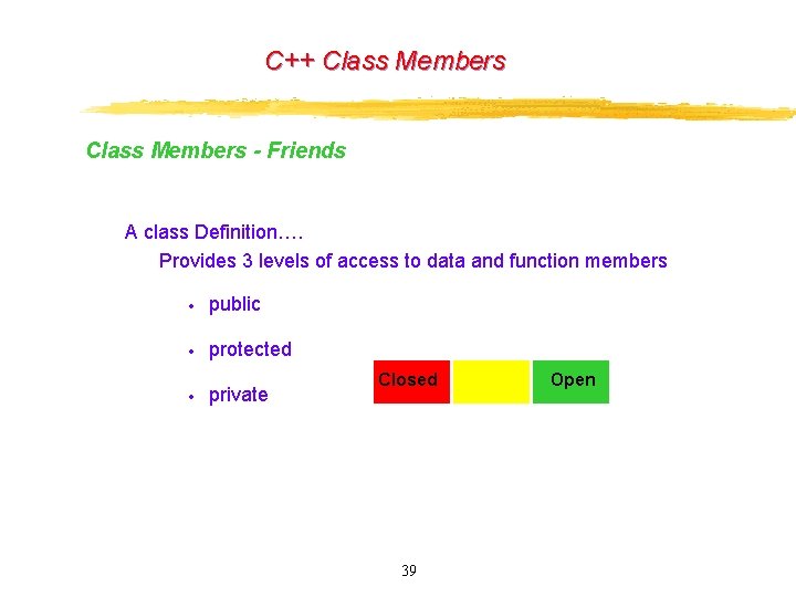 C++ Class Members - Friends A class Definition…. Provides 3 levels of access to C++ Class Members - Friends A class Definition…. Provides 3 levels of access to