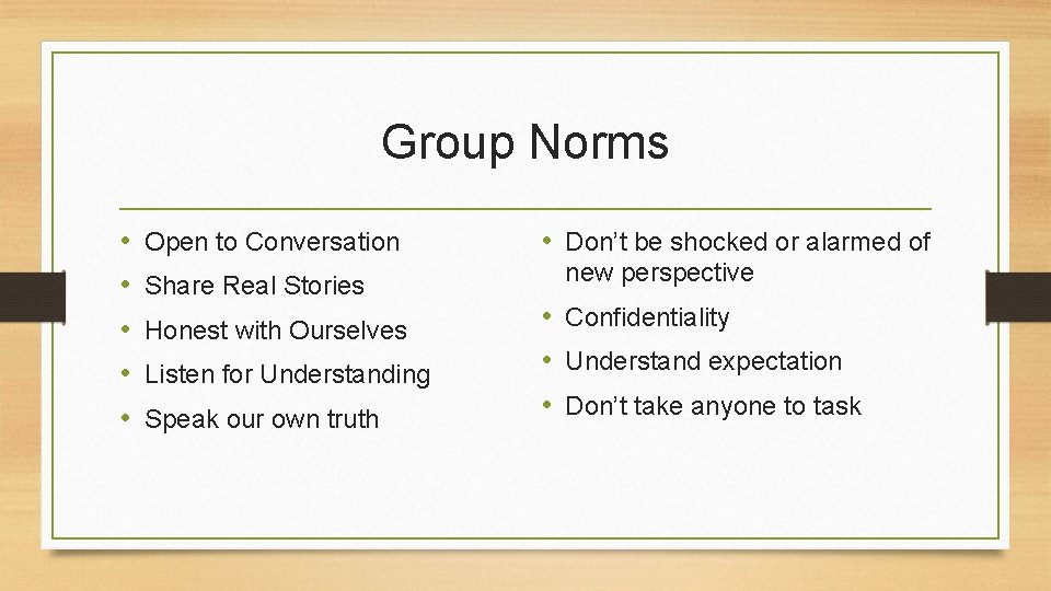 Group Norms • • • Open to Conversation Share Real Stories Honest with Ourselves