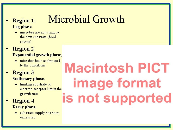  • Region 1: Lag phase Microbial Growth ¨ microbes are adjusting to the
