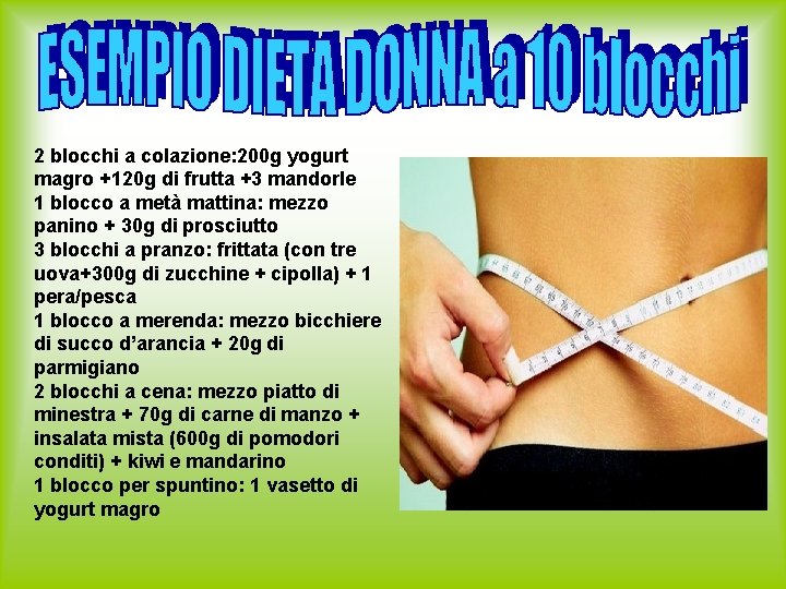 2 blocchi a colazione: 200 g yogurt magro +120 g di frutta +3 mandorle