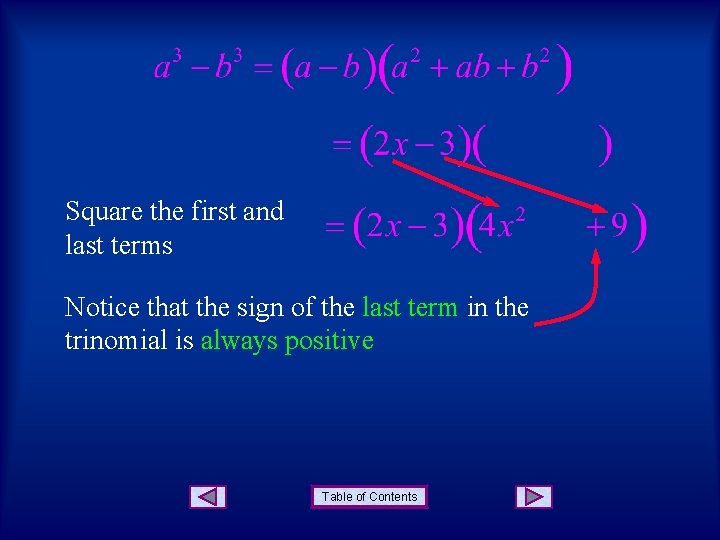 Square the first and last terms Notice that the sign of the last term