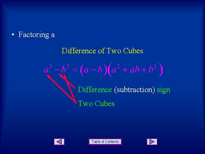  • Factoring a Difference of Two Cubes Difference (subtraction) sign Two Cubes Table