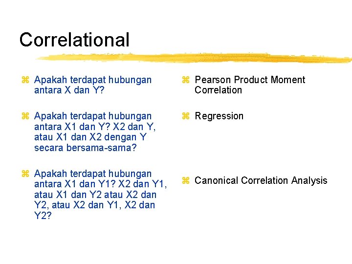 Correlational z Apakah terdapat hubungan antara X dan Y? z Pearson Product Moment Correlation