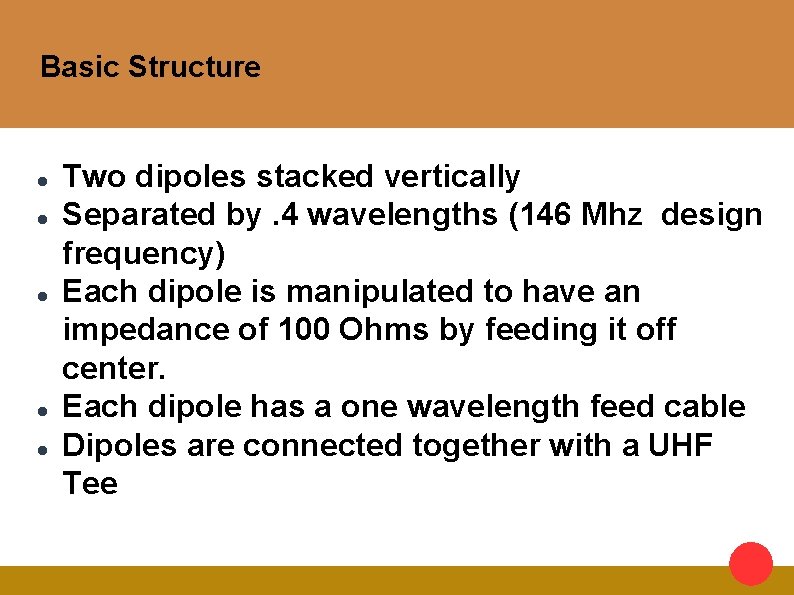 Basic Structure Two dipoles stacked vertically Separated by. 4 wavelengths (146 Mhz design frequency)