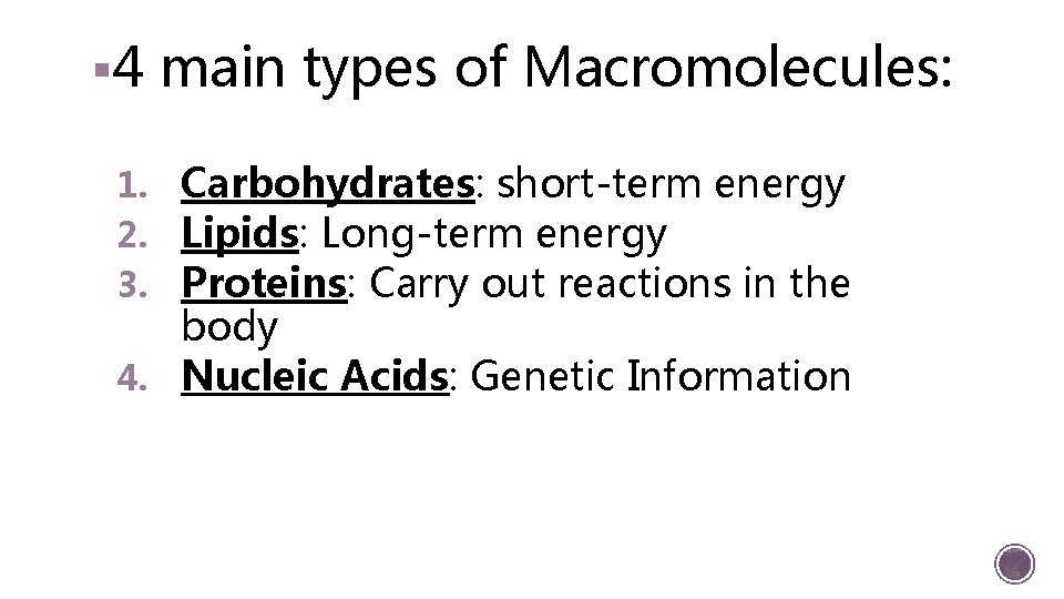 § 4 main types of Macromolecules: 1. Carbohydrates: short-term energy 2. Lipids: Long-term energy