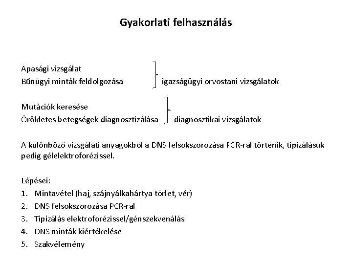 Gyakorlati felhasználás Apasági vizsgálat Bűnügyi minták feldolgozása Mutációk keresése Örökletes betegségek diagnosztizálása igazságügyi orvostani