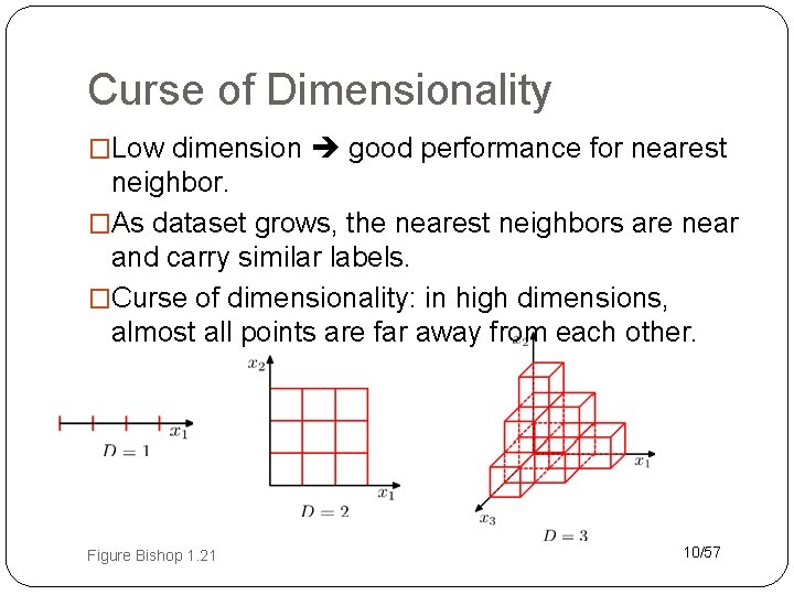 Curse of Dimensionality �Low dimension good performance for nearest neighbor. �As dataset grows, the