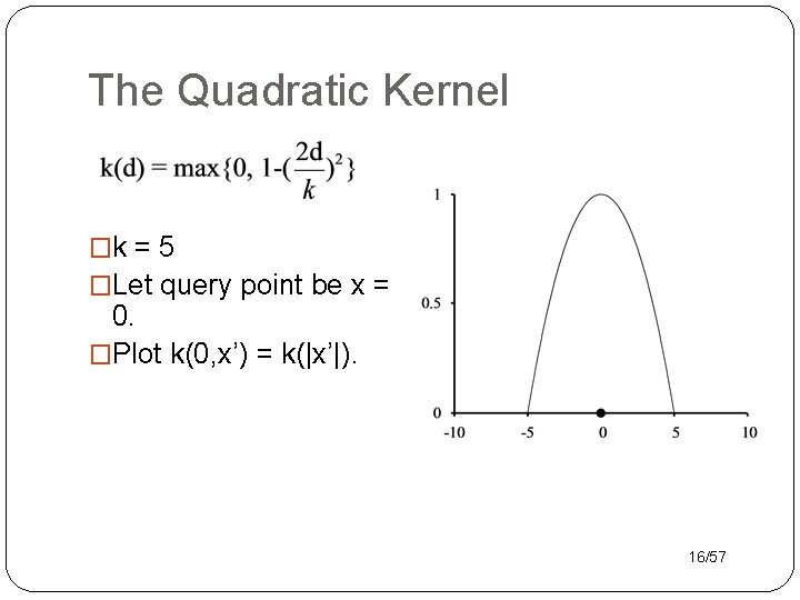 The Quadratic Kernel �k = 5 �Let query point be x = 0. �Plot