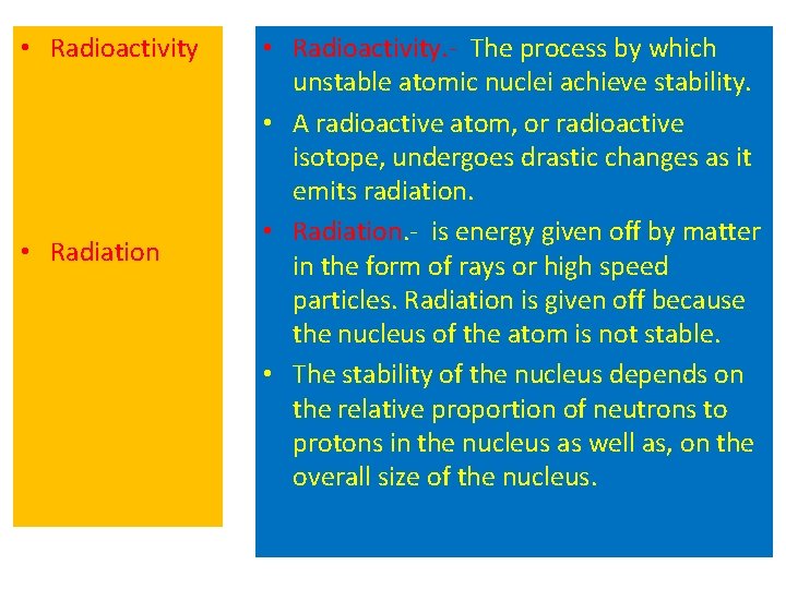  • Radioactivity • Radiation • Radioactivity. - The process by which unstable atomic