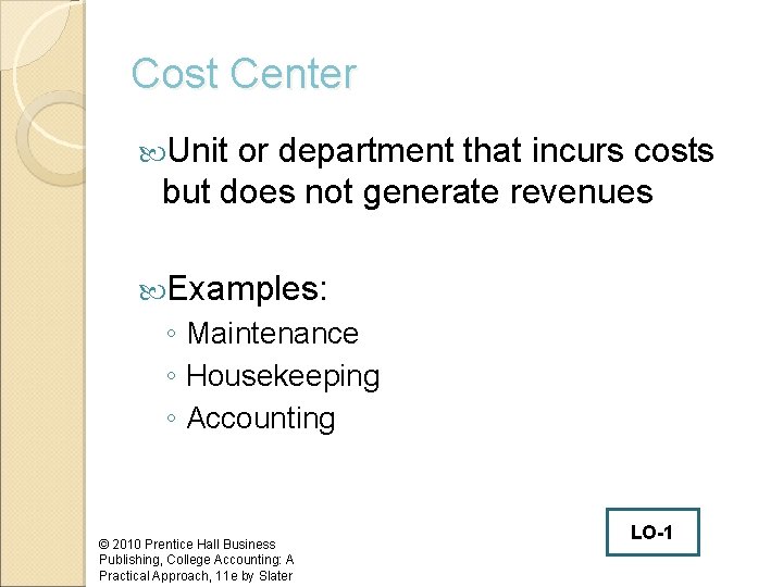 Cost Center Unit or department that incurs costs but does not generate revenues Examples: