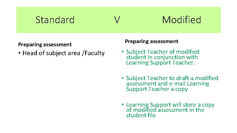 Standard Preparing assessment • Head of subject area /Faculty V Modified Preparing assessment •