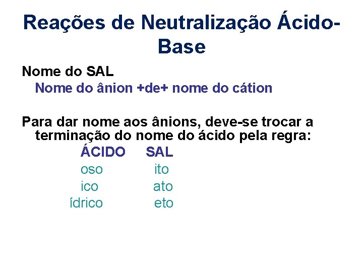 Reações de Neutralização Ácido. Base Nome do SAL Nome do ânion +de+ nome do
