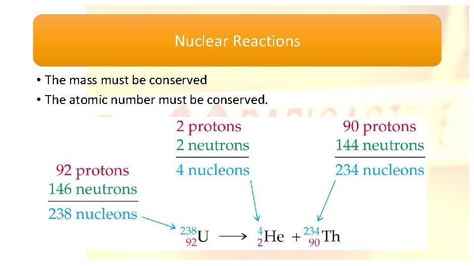 Nuclear Reactions • The mass must be conserved • The atomic number must be