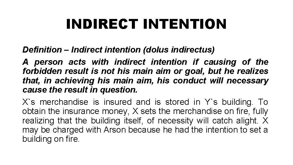 INDIRECT INTENTION Definition – Indirect intention (dolus indirectus) A person acts with indirect intention
