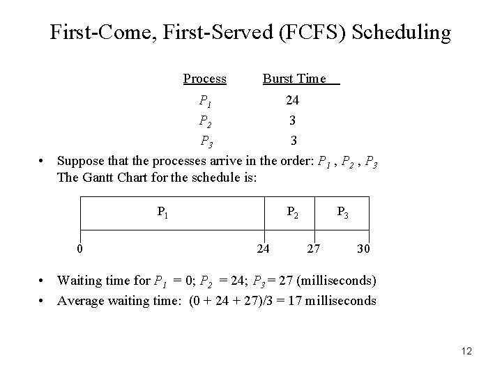 First-Come, First-Served (FCFS) Scheduling Process Burst Time P 1 24 P 2 3 P