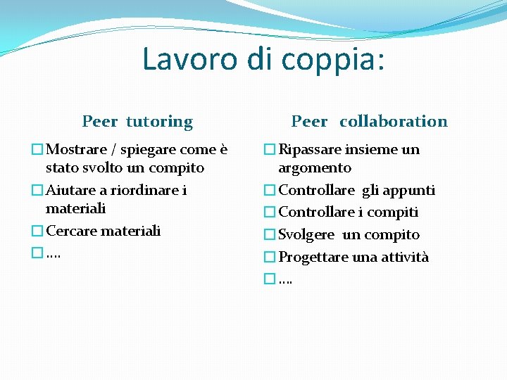 Lavoro di coppia: Peer tutoring �Mostrare / spiegare come è stato svolto un compito