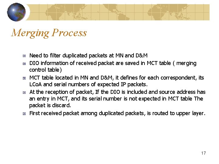 Merging Process Need to filter duplicated packets at MN and D&M DIO information of