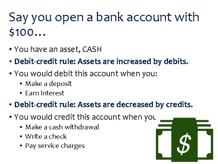 Say you open a bank account with $100… • You have an asset, CASH