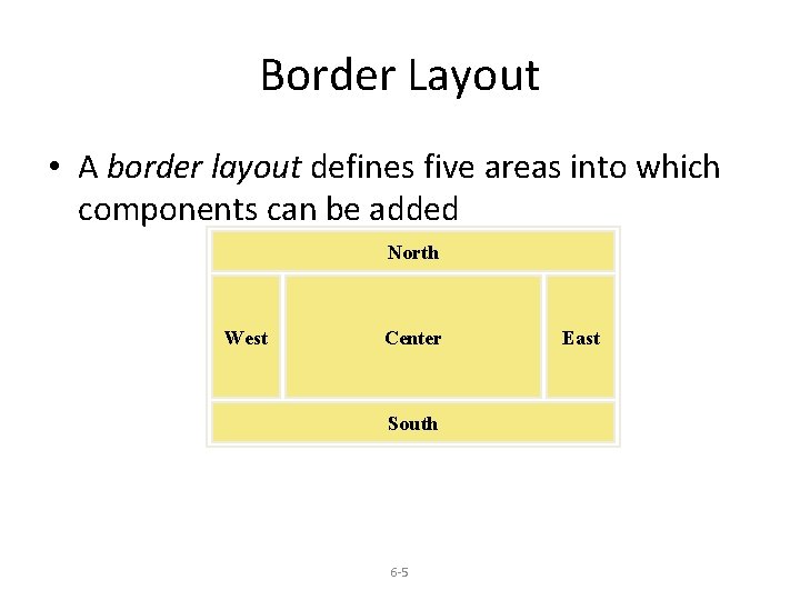 Border Layout • A border layout defines five areas into which components can be