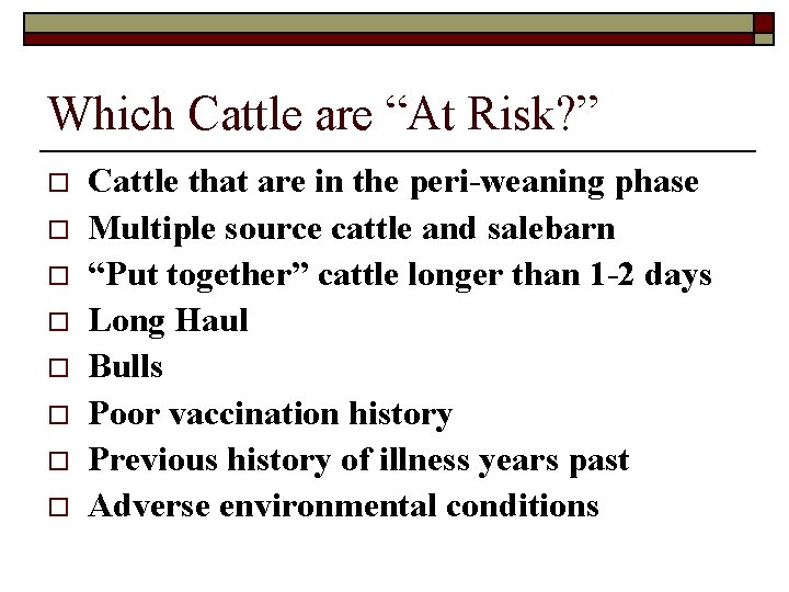 Which Cattle are “At Risk? ” o o o o Cattle that are in