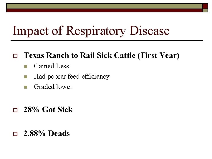 Impact of Respiratory Disease o Texas Ranch to Rail Sick Cattle (First Year) n