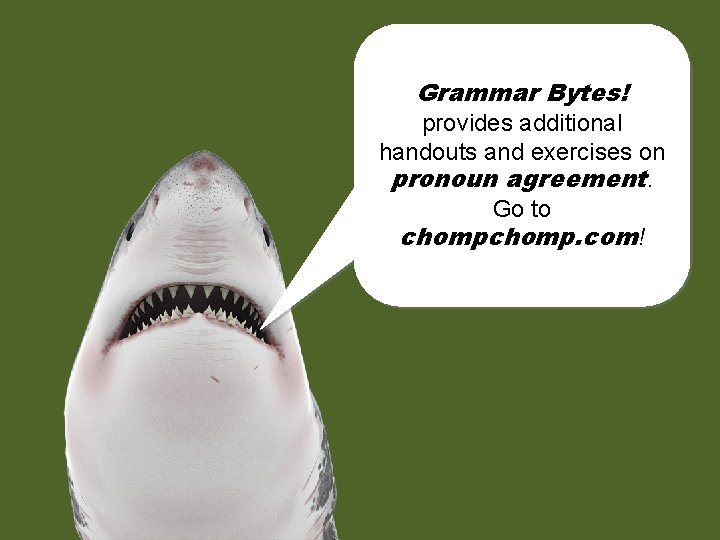 Grammar Bytes! provides additional handouts and exercises on pronoun agreement. Go to chomp. com!