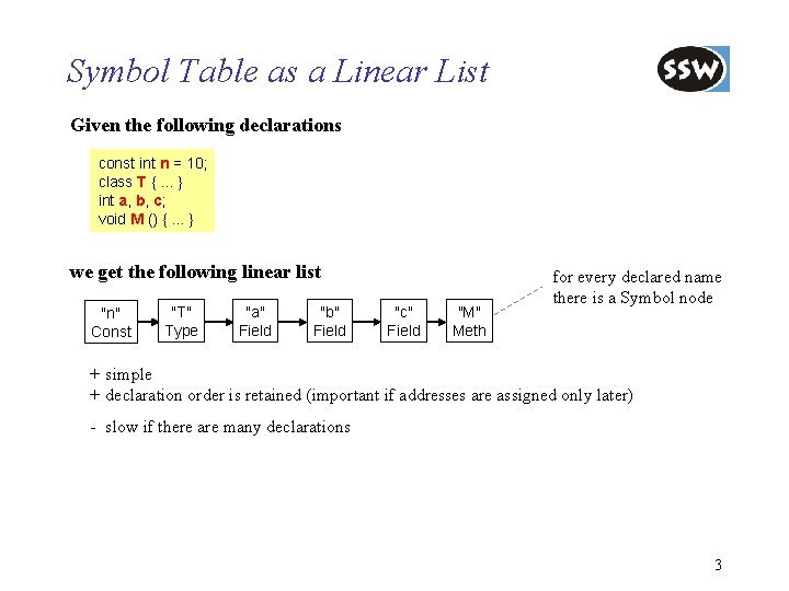 Symbol Table as a Linear List Given the following declarations const int n =