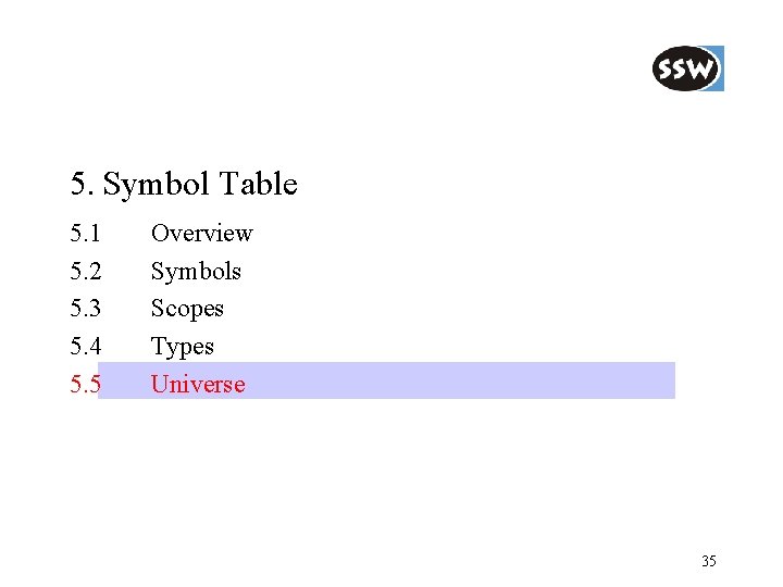 5. Symbol Table 5. 1 5. 2 5. 3 5. 4 5. 5 Overview