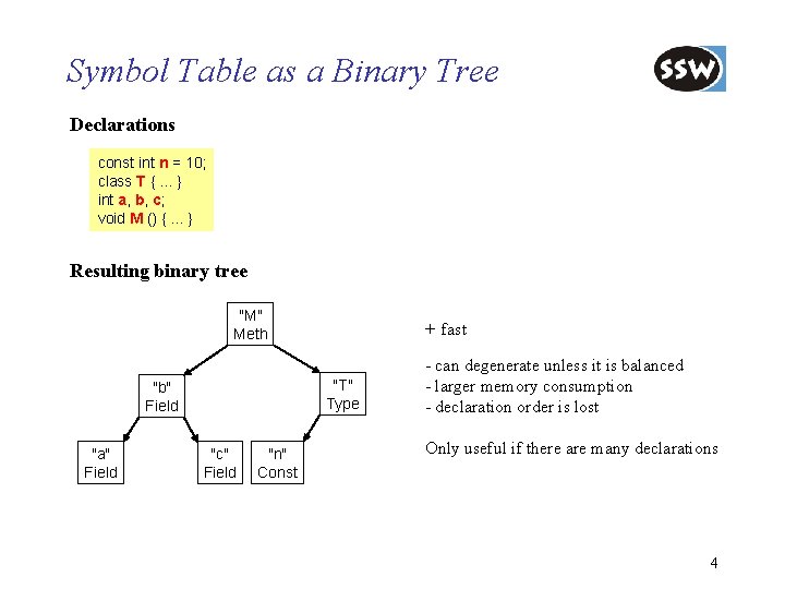 Symbol Table as a Binary Tree Declarations const int n = 10; class T