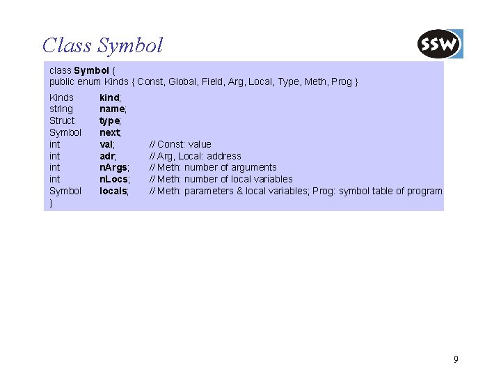 Class Symbol class Symbol { public enum Kinds { Const, Global, Field, Arg, Local,