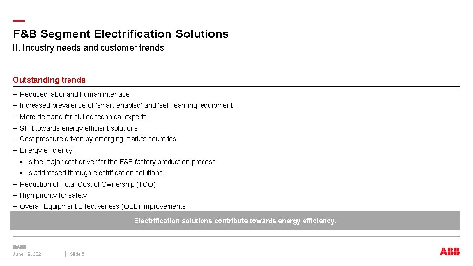 — F&B Segment Electrification Solutions II. Industry needs and customer trends Outstanding trends –