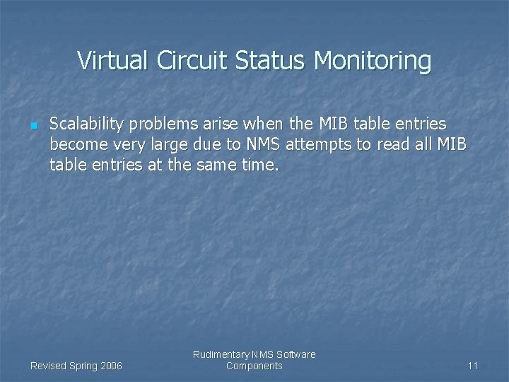Virtual Circuit Status Monitoring n Scalability problems arise when the MIB table entries become