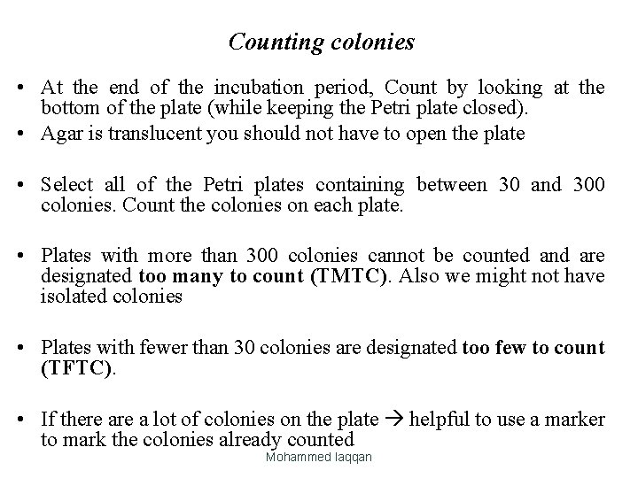 Counting colonies • At the end of the incubation period, Count by looking at