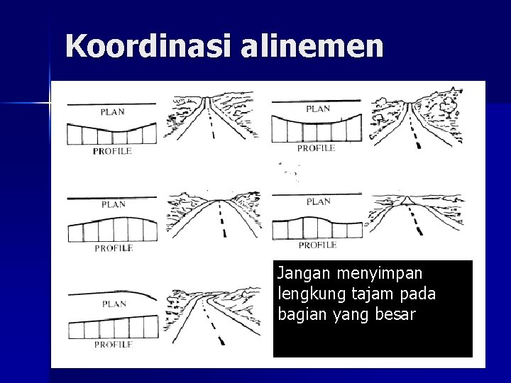 Koordinasi alinemen Jangan menyimpan lengkung tajam pada bagian yang besar 