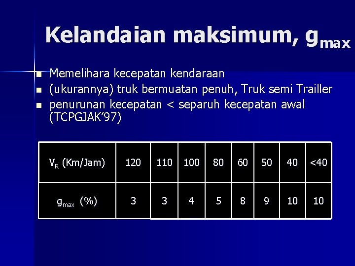 Kelandaian maksimum, gmax n n n Memelihara kecepatan kendaraan (ukurannya) truk bermuatan penuh, Truk