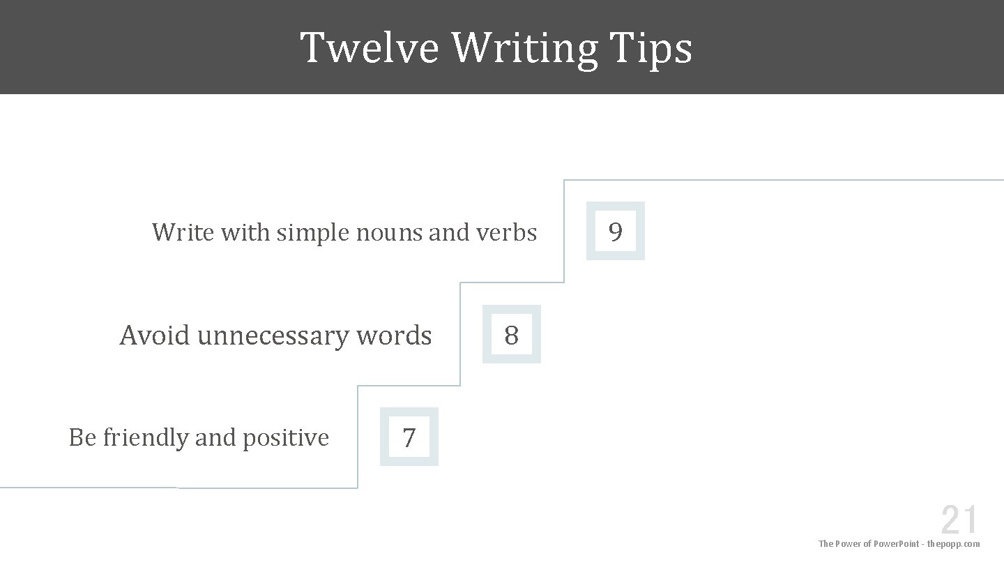 Twelve Writing Tips Write with simple nouns and verbs Avoid unnecessary words Be friendly