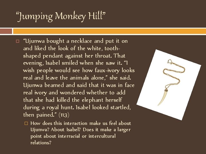“Jumping Monkey Hill” “Ujunwa bought a necklace and put it on and liked the