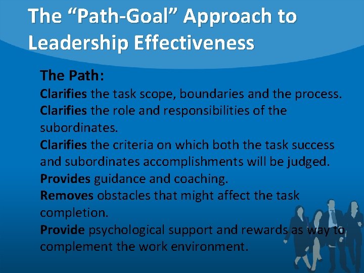 The “Path-Goal” Approach to Leadership Effectiveness The Path: Clarifies the task scope, boundaries and
