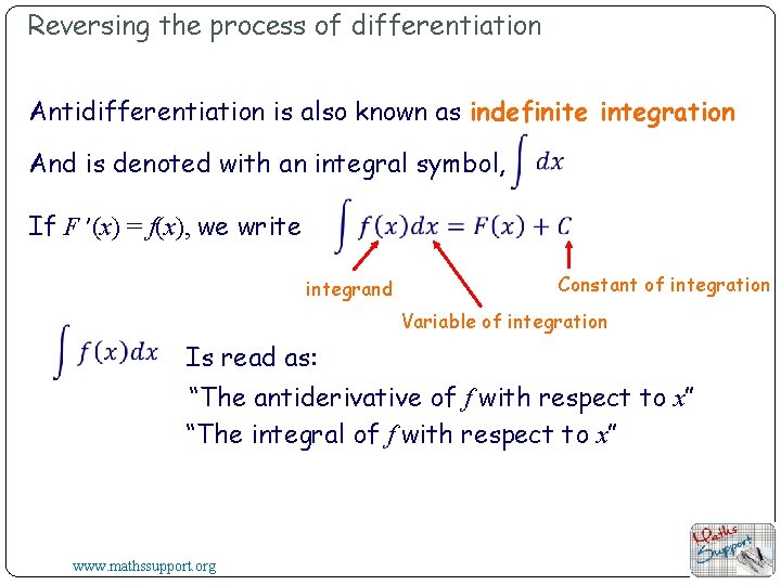 Reversing the process of differentiation Antidifferentiation is also known as indefinite integration And is
