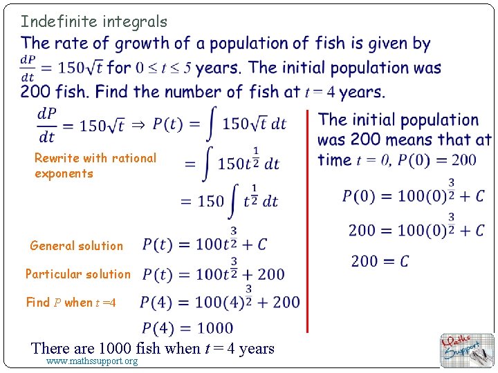 Indefinite integrals ⇒ Rewrite with rational exponents General solution Particular solution Find P when